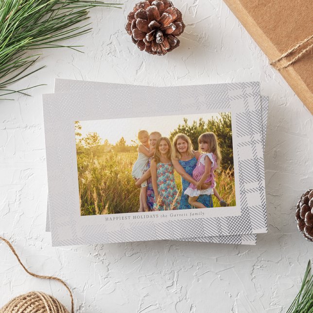 Cool Grey and Silver Simple Plaid Frame Foil Holiday Card (Creator Uploaded)