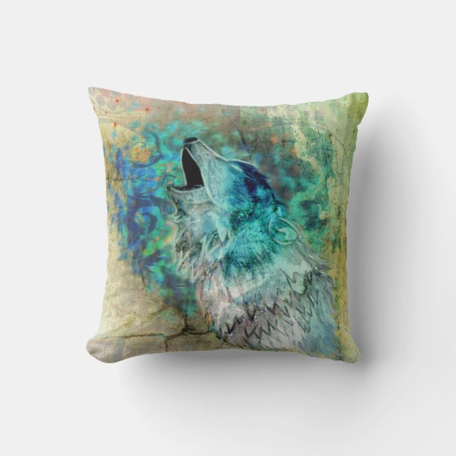 Cool Grey and Turquoise Howling Wolf Art Throw Pillow (Front)