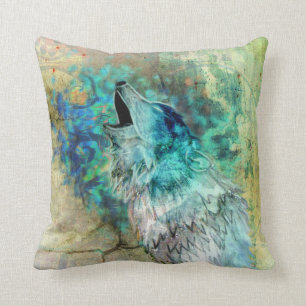 Cool Grey and Turquoise Howling Wolf Art Throw Pillow