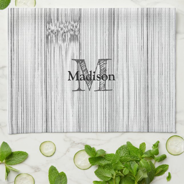 Cool grey bamboo wood print Monogram Kitchen Towel (Folded)