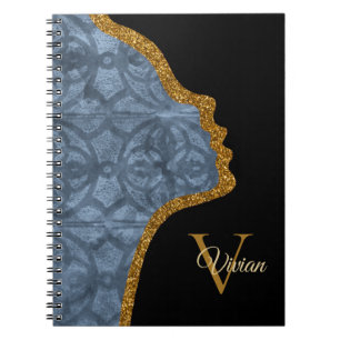 Cool Grey Black And Gold Glitter Face Name Notebook