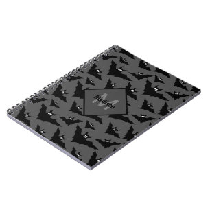 Cool grey black bats Halloween pattern Monogram Notebook