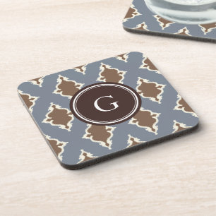 Cool grey brown ikat tribal pattern monogram coaster