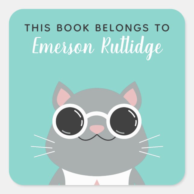 Cool Grey Cat | Turquoise This Book Belongs To Square Sticker (Front)