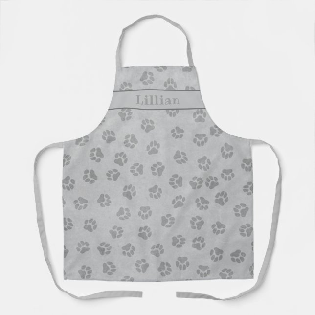 Cool Grey Dog Paw Print Pattern Personalized Apron (Front)
