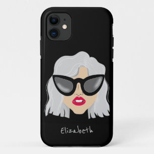 Cool Grey Hair Woman with Glasses Custom Name iPhone 11 Case