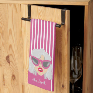 Cool Grey-Haired Woman Pink Custom Name Kitchen Towel