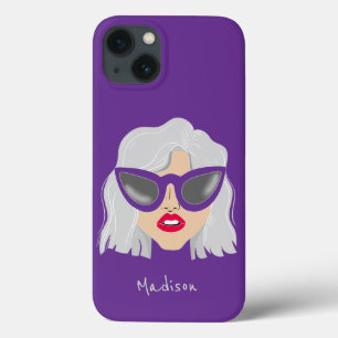 Cool Grey-Haired Woman with Glasses Custom Name iPhone 13 Case