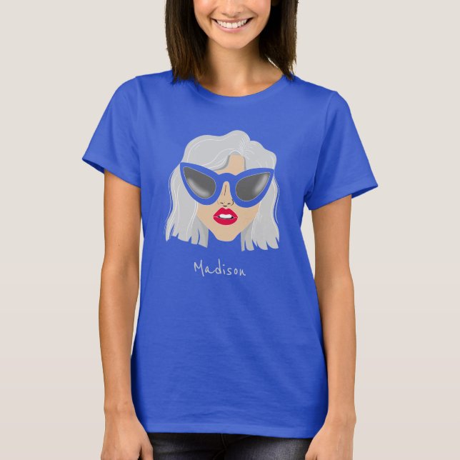 Cool Grey-Haired Woman with Glasses Custom Name T-Shirt (Front)