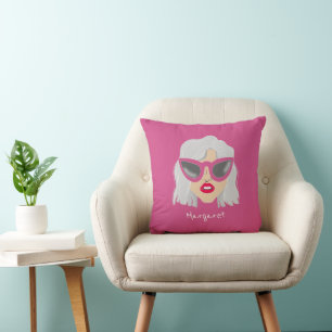 Cool Grey-Haired Woman with Glasses Custom Name Throw Pillow
