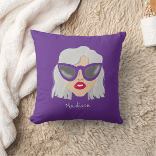 Cool Grey-Haired Woman with Glasses Custom Name Throw Pillow
