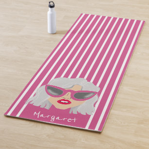 Cool Grey-Haired Woman with Glasses Custom Name Yoga Mat