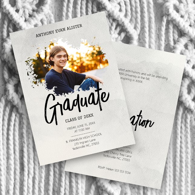 Cool Grey Modern Grunge Brushstroke Graduation Invitation (Creator Uploaded)