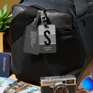 Cool Grey Stripes Black Bold Monogram Luggage Tag