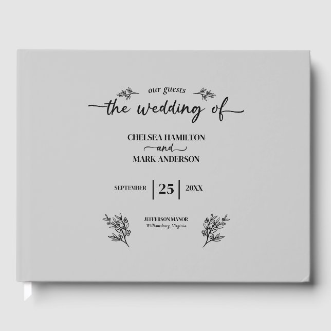 Cool Grey Trendy Script Wedding Guest Book (Front)
