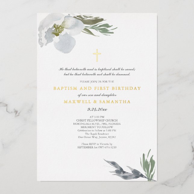 Cool Grey Watercolor Florals Twins Baptism (Front)