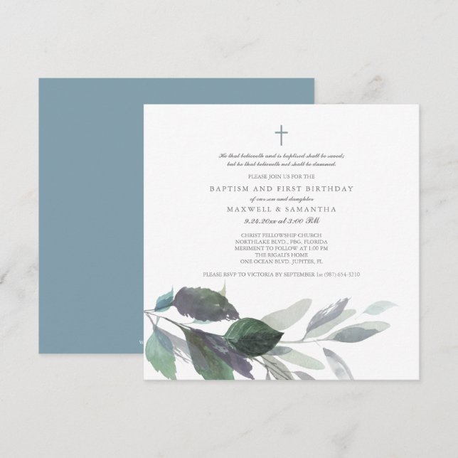 Cool Grey Watercolor Leaves Twins Baptism Invitation (Front/Back)