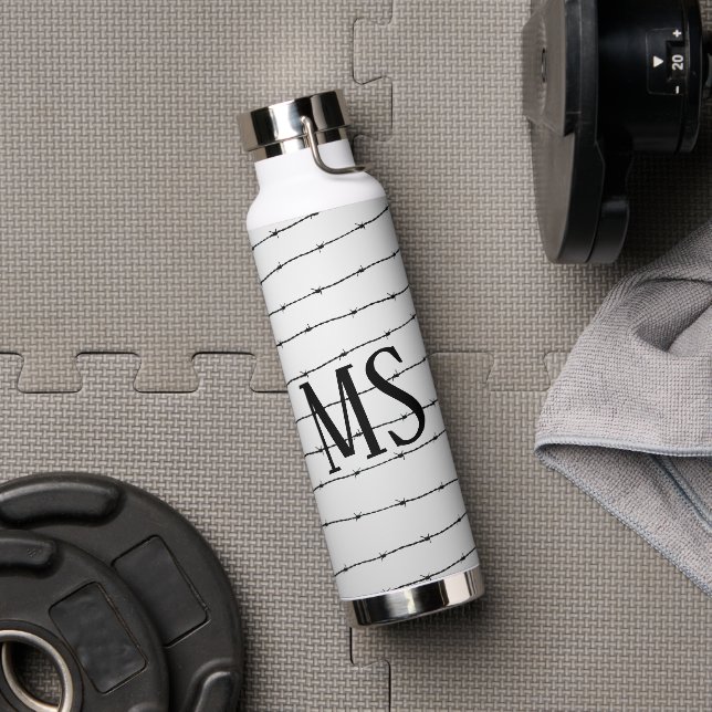 Cool grey white black barbed wire pattern Monogram Water Bottle (Gym)