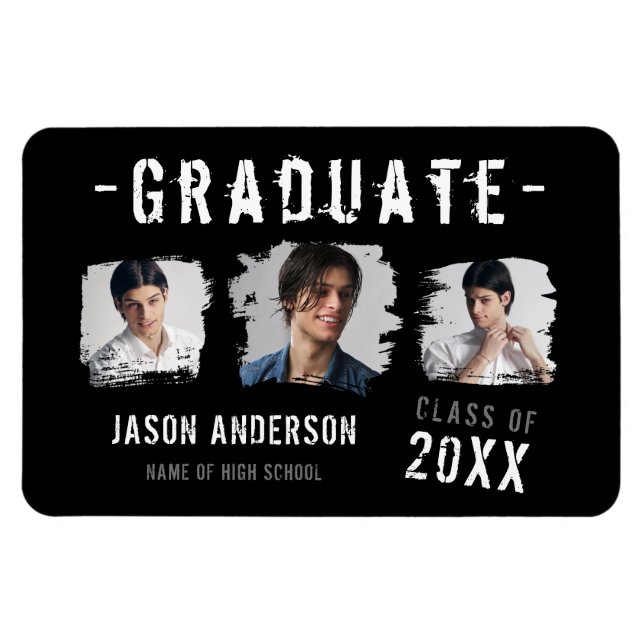 Cool Grunge Black 3 Photo Graduate Announcement Magnet (Horizontal)