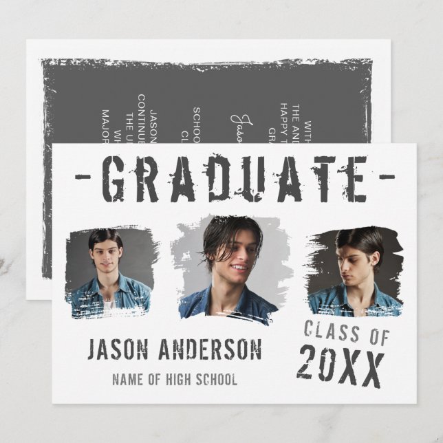 Cool Grunge White 3 Photo Graduation Announcement (Front/Back)