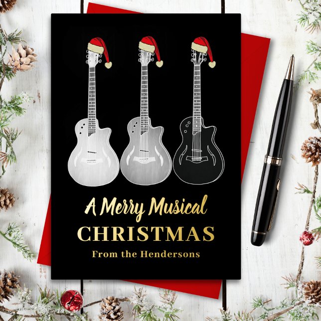 Cool Guitar Merry Christmas Personalized Gold Foil Holiday Postcard (Merry musical christmas guitars black and gold foil custom holiday greetings postcard)