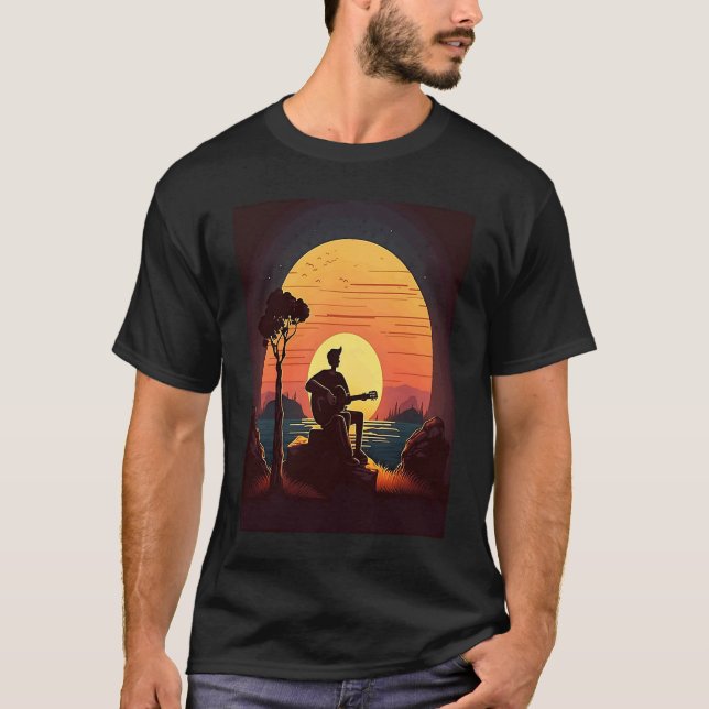 Cool Guitarist Father Dad Playing Guitar In Sunset T-Shirt (Front)