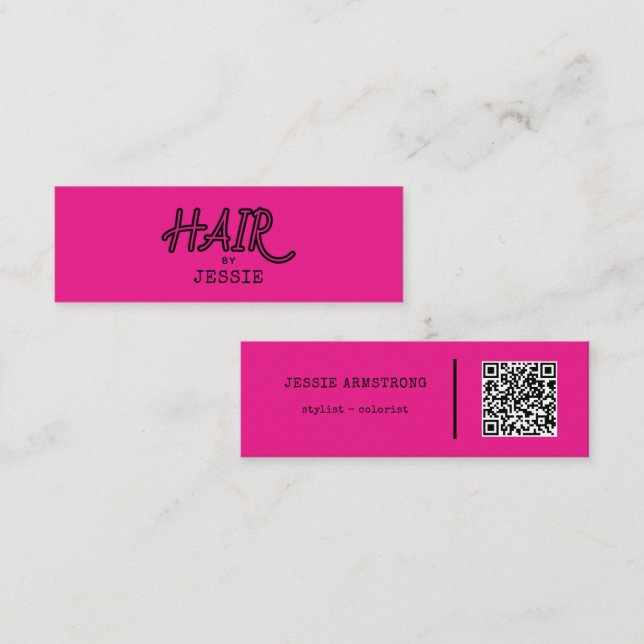 Cool Hair Stylist QR Code Pink Mini Business Card (Front/Back)