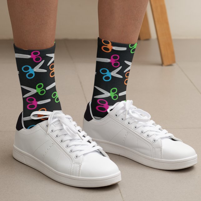 Cool Hair Stylist Scissors Neon on Black Socks (Creator Uploaded)
