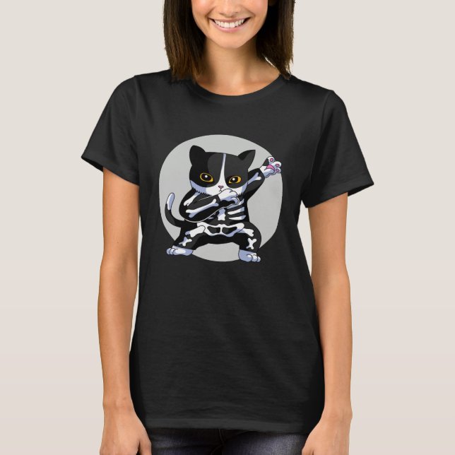 Cool Halloween Cat Dabbing with Skeleton furry T-Shirt (Front)