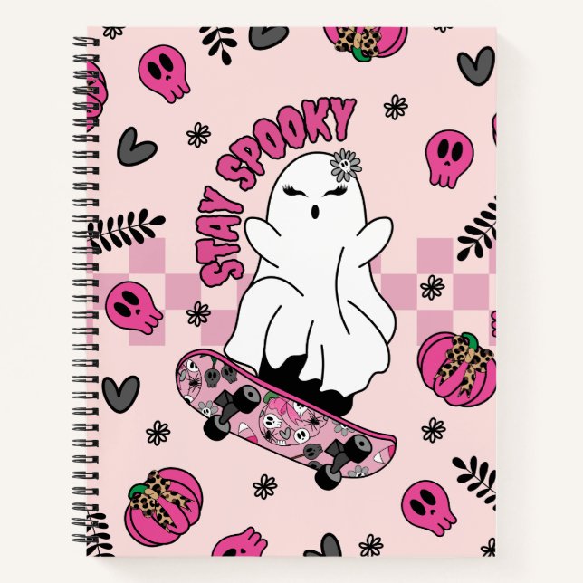 Cool Halloween Ghost on Skateboard Pink Notebook (Front)