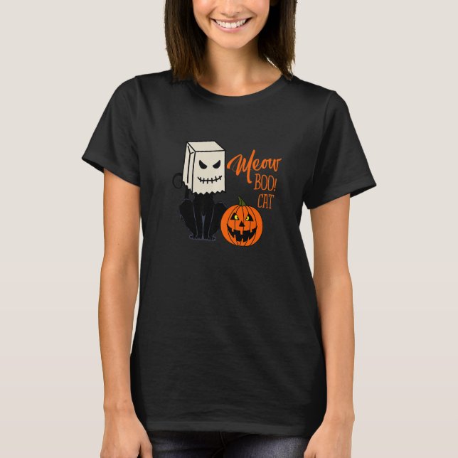 Cool Halloween Meow Boo Boo Cat Illustration Graph T-Shirt (Front)