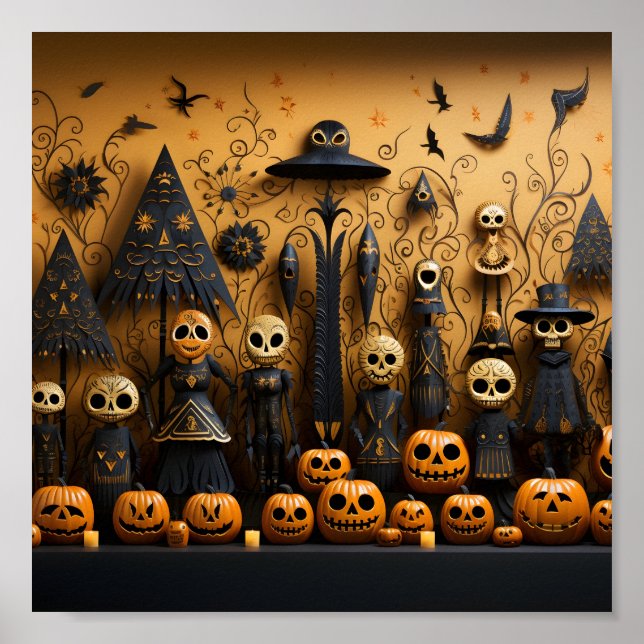 Cool Halloween Seamless Pattern Pumpkins And Skull Poster (Front)