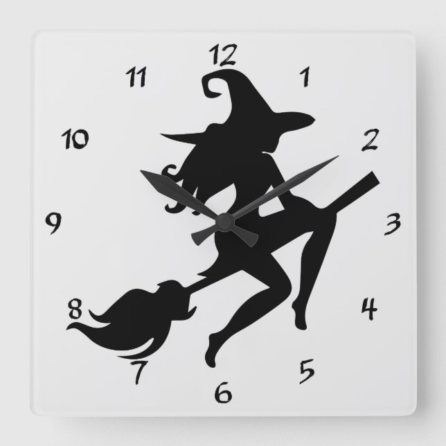 Cool Halloween Witch Riding her Broom Silhouette Square Wall Clock (Front)