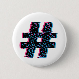 Cool Hand Drawn 3D Effect Hashtag Symbol 2 Inch Round Button