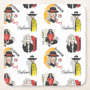 Cool Hand Drawn Sketches of Women's Fashion Square Paper Coaster