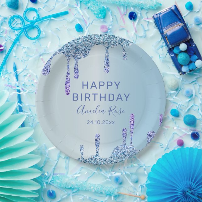 Cool Happy Birthday Glitter Drips Blue Metallic  Paper Plate (Party)