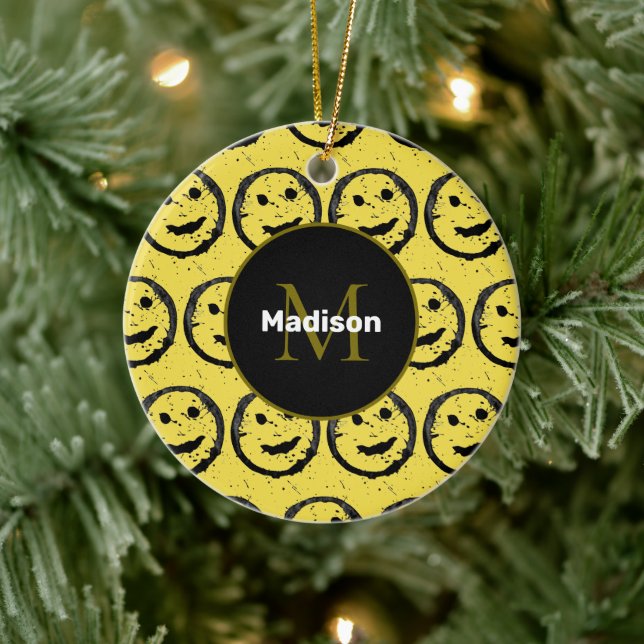 Cool Happy Smiling face pattern yellow Monogram Ceramic Ornament (Tree)
