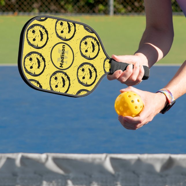 Cool Happy Smiling face pattern yellow Monogram Pickleball Paddle (Insitu)