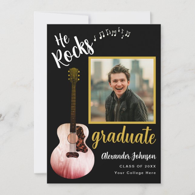 Cool He Rocks Graduate Photo Modern Black and Gold Announcement (Front)