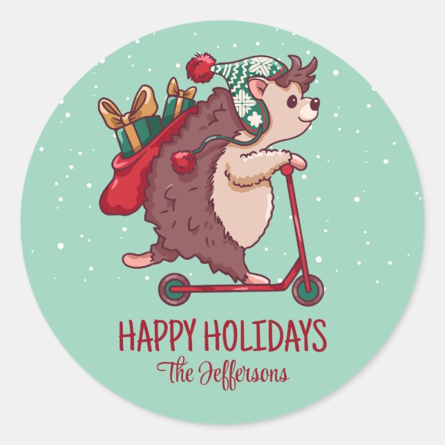 Cool Hedgehog Christmas Snowy Winter Holiday Classic Round Sticker (Front)