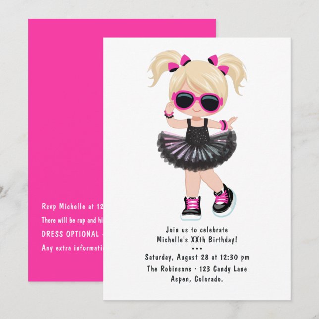 Cool Hip Hop Rap Tutu Girl Birthday Party Invitation (Front/Back)