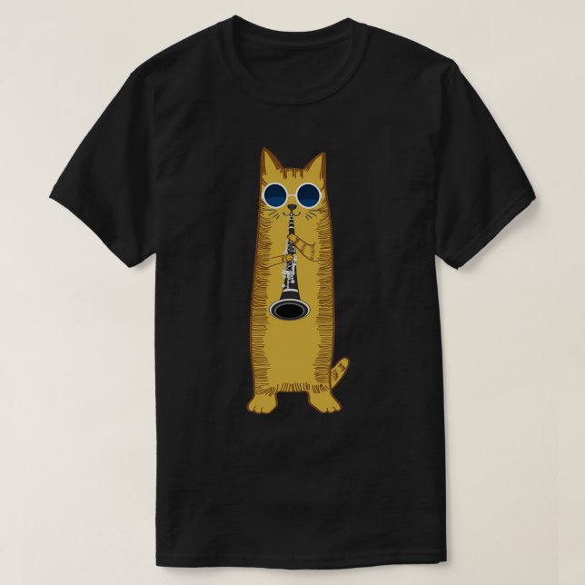 Cool Hippy Cat With Sunglasses Playing The Clarine T-Shirt (Design Front)