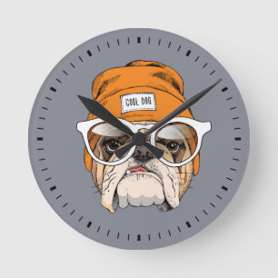 Cool Hipster Bulldog Round Clock