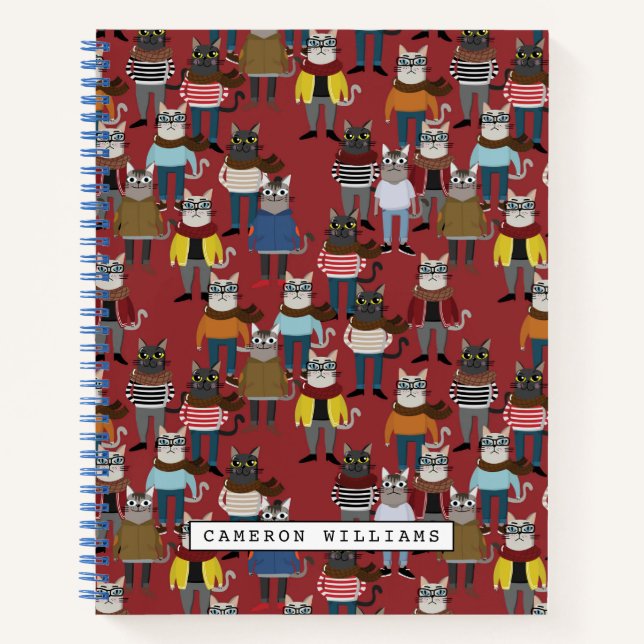 Cool Hipster Cat Pattern | Add Your Name Notebook (Front)
