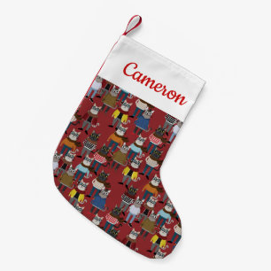 Cool Hipster Cat Pattern   Add Your Name Small Christmas Stocking