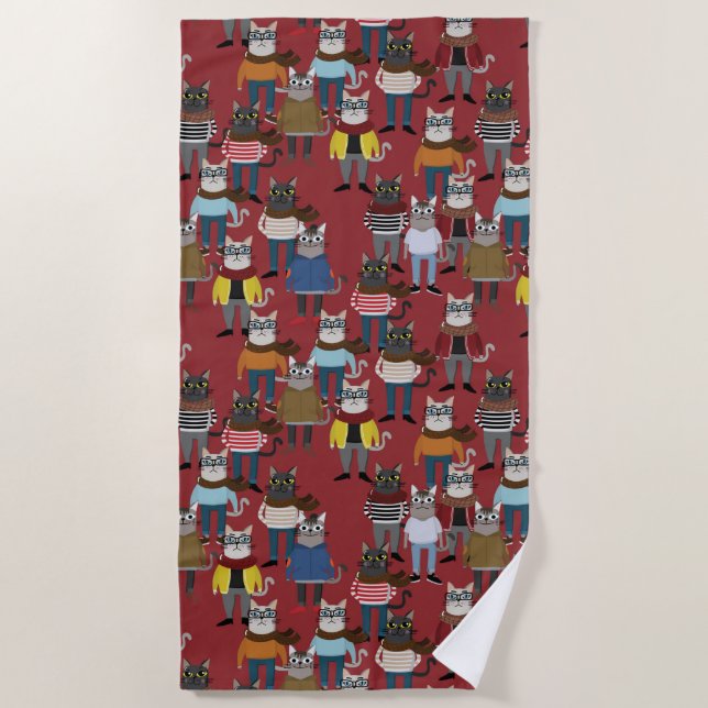 Cool Hipster Cat Pattern Beach Towel (Front)