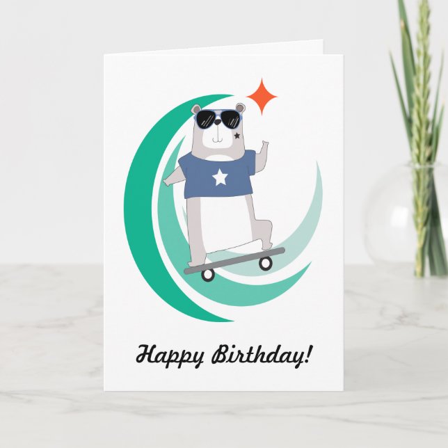 Cool Hipster Skateboarding Bear Birthday Card (Front)