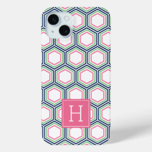 Cool Honeycomb Pattern and Pink Monogram iPhone 15 Mini Case