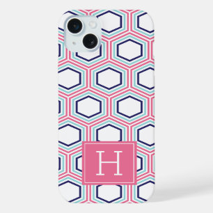 Cool Honeycomb Pattern and Pink Monogram iPhone 15 Plus Case