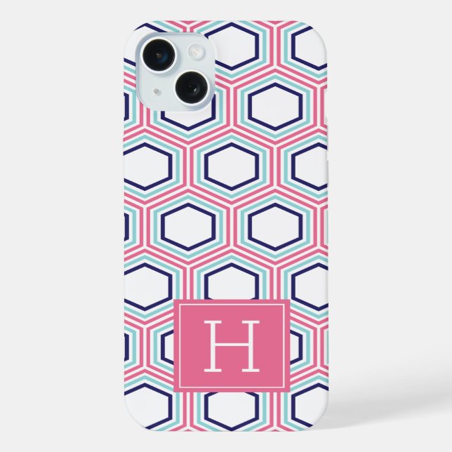 Cool Honeycomb Pattern and Pink Monogram iPhone Case (Back)